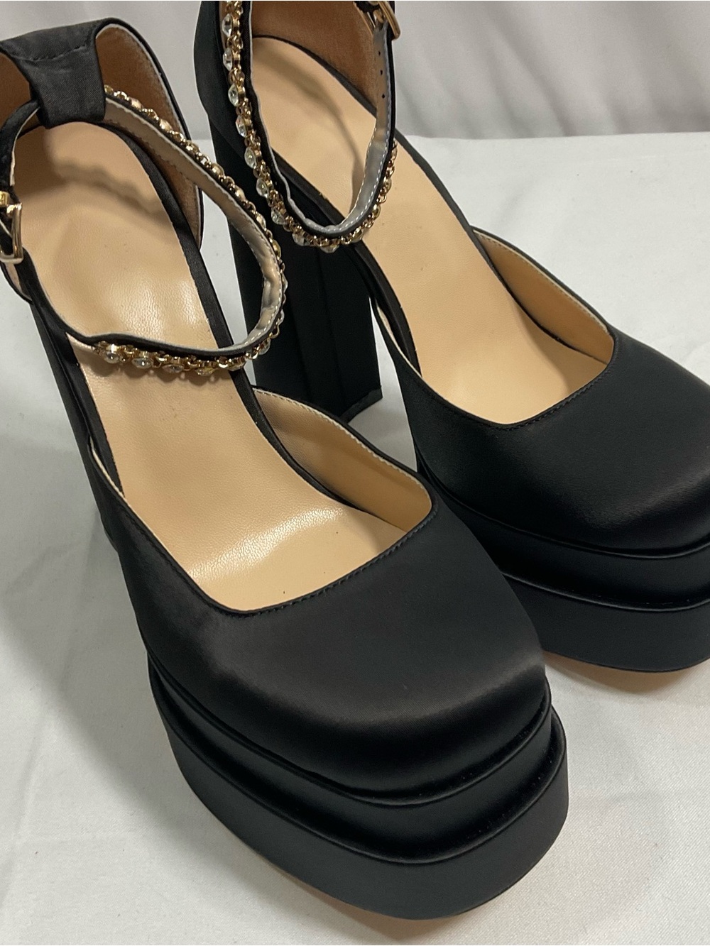 Black Platform Block Heel Sandals with Chain Ankle Strap